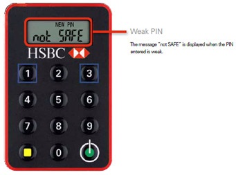 滙豐加密保安編碼器上出現「NEW PIN not SAFE」；圖片使用於滙豐網上理財協助頁面。