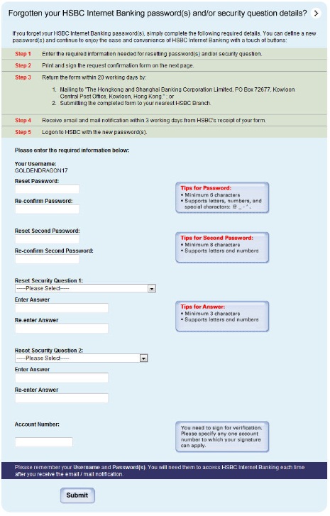 Fogotten your HSBC Internet Banking passord form; image used for HSBC Online Banking Help.